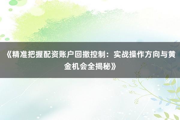 《精准把握配资账户回撤控制：实战操作方向与黄金机会全揭秘》